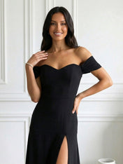 Black Off the Shoulder Mermaid Maxi Dress Prom Dress with Slit