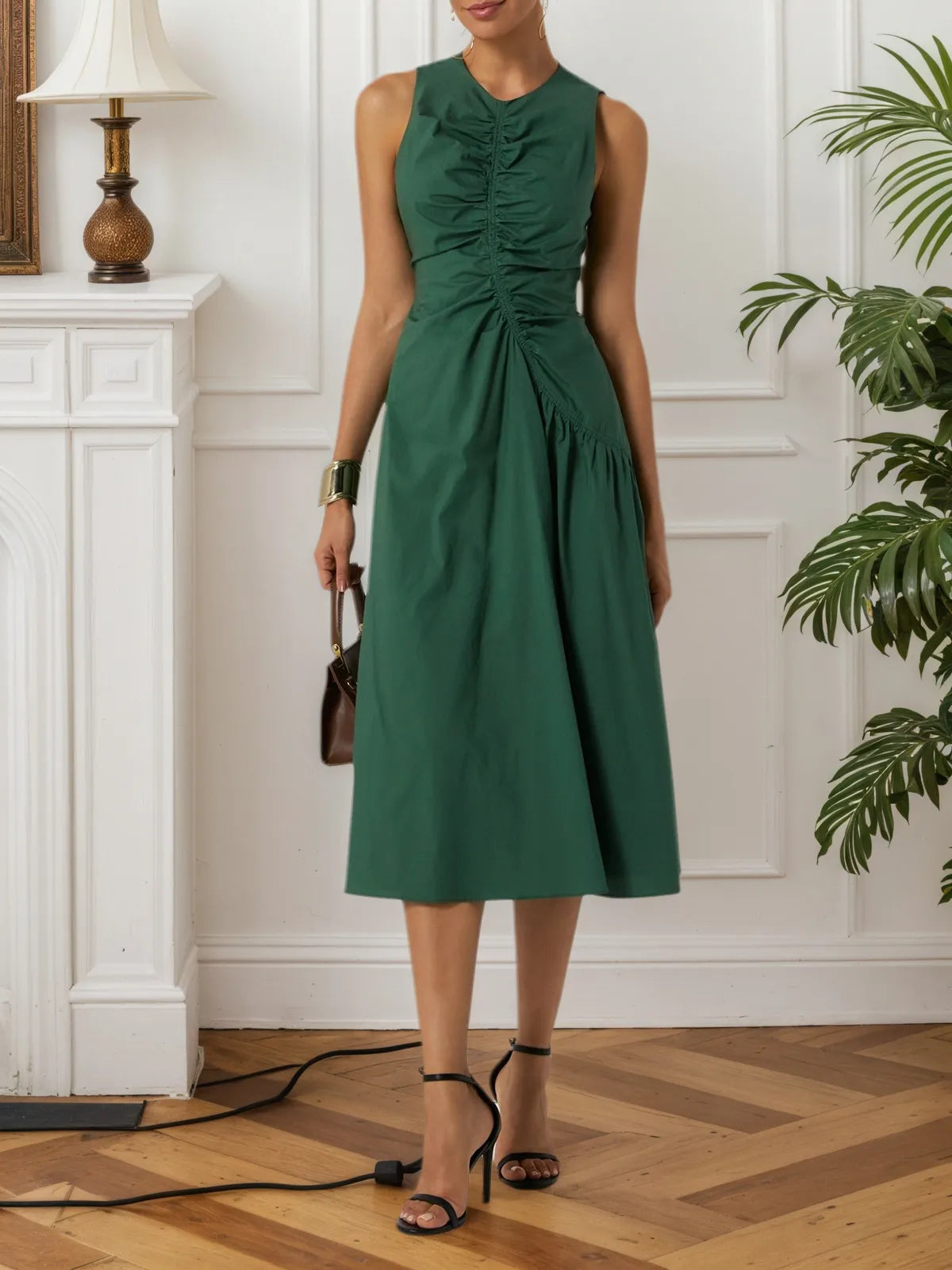 Green Shirred Cotton Crew Neck Sleeveless A-Line Midi Dress
