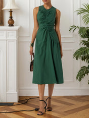 Green Shirred Cotton Crew Neck Sleeveless A-Line Midi Dress