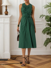 Green Shirred Cotton Crew Neck Sleeveless A-Line Midi Dress