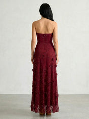 Burgundy 3D Floral Lace Strapless A-Line Gown with Side Slit