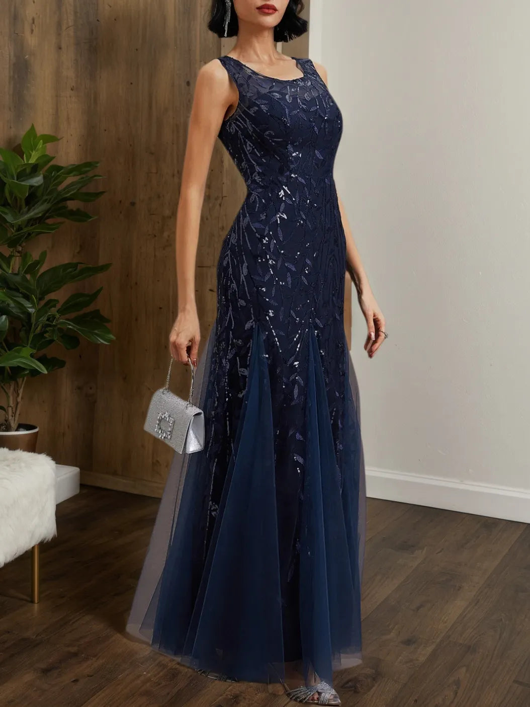Purplish Blue Sequin Crew Neck Sleeveless Sheath Maxi Dress