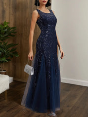 Purplish Blue Sequin Crew Neck Sleeveless Sheath Maxi Dress