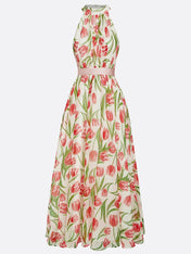 Pink Pleated Floral Chiffon Halter Sleeveless A-Line Mock Neck Maxi Dress