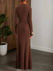 Wool Brown Long Sleeve A-Line Maxi Sweater Dress