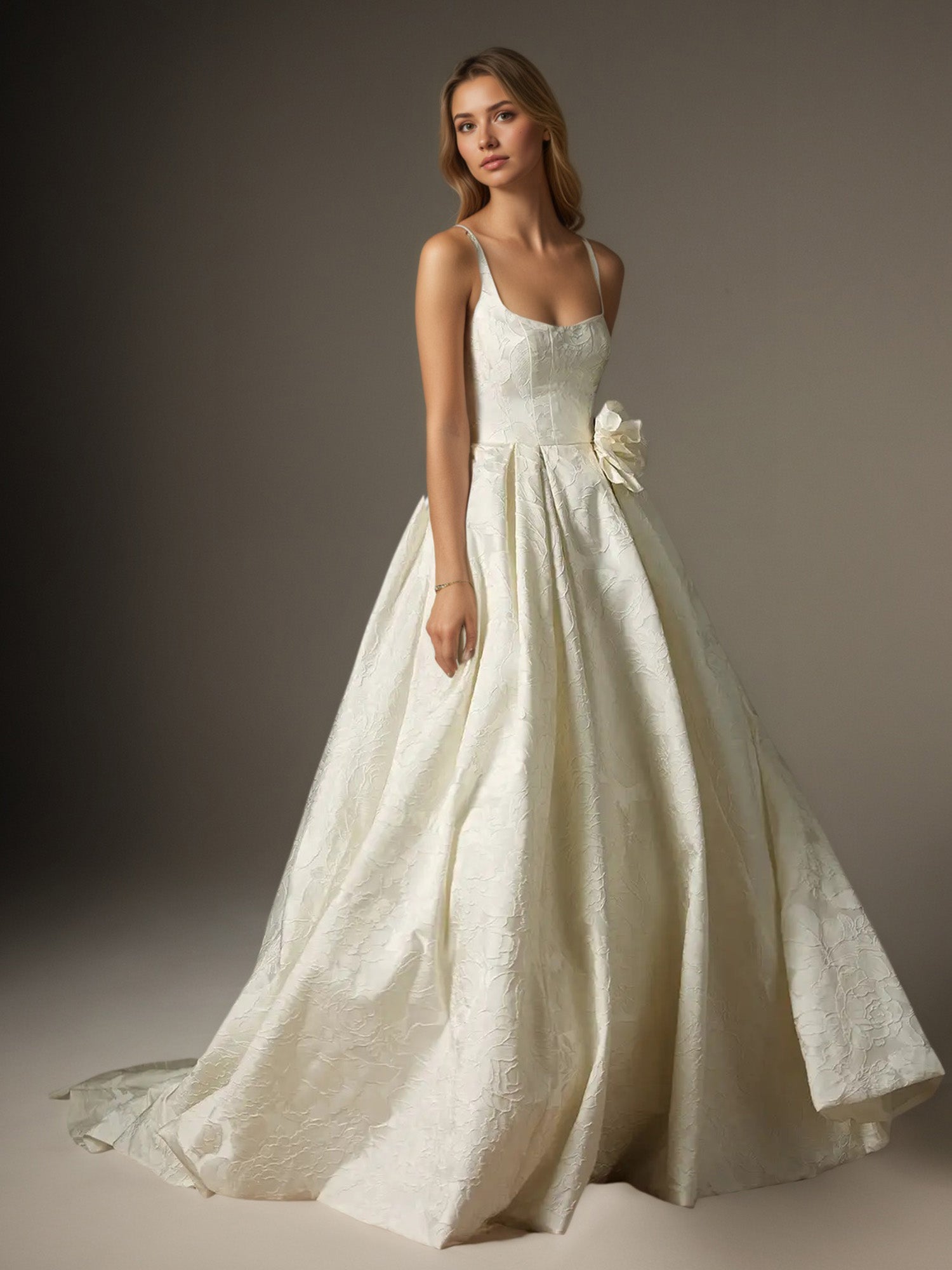 White Ball-Gown with Pockets Floral Jacquard Wedding Dress