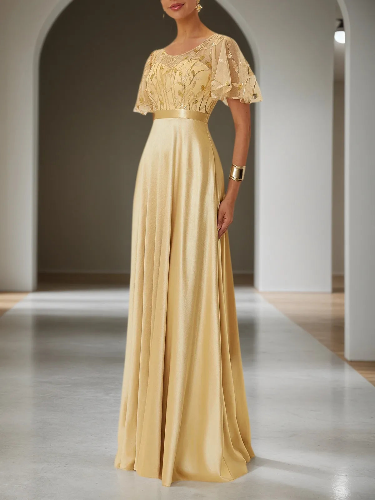 Golden Sequin Satin Crew Neck Short Sleeve Bell Sleeve A-Line Gown Mother of the Bride or Groom Dress