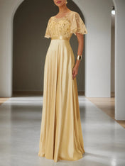Golden Sequin Satin Crew Neck Short Sleeve Bell Sleeve A-Line Gown Mother of the Bride or Groom Dress