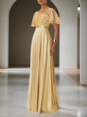 Golden Sequin Satin Crew Neck Short Sleeve Bell Sleeve A-Line Gown Mother of the Bride or Groom Dress