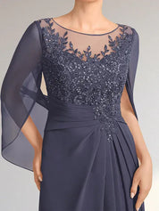 Robe de mère de la mariée trapèze en mousseline de soie et dentelle, longueur au sol, avec décolleté en V et paillettes plissées