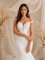 Elegant Off-The-Shoulder Mermaid White Lace Wedding Dress with Chapel Train