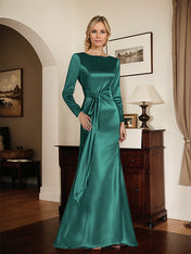 Satin Sheath Long Sleeves Mother of the Bride Dress with Side Waist