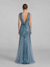 Sequin Column Boat-Neck Floor-Length Evening Dresses with Cowl Back