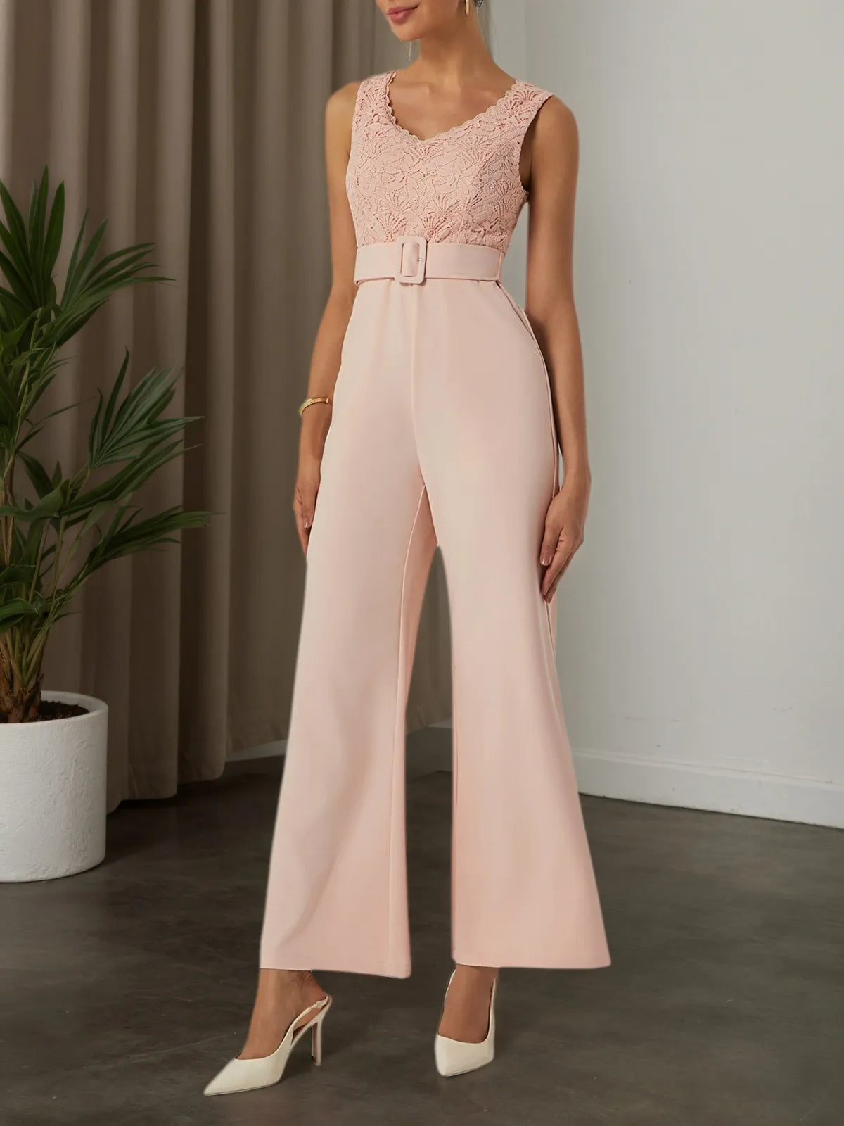 Women Pink Lace V Neck Sleeveless Ankle Length Dressy Jumpsuit
