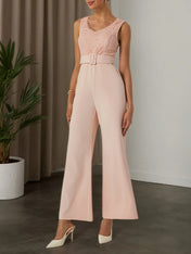 Women Pink Lace V Neck Sleeveless Ankle Length Dressy Jumpsuit