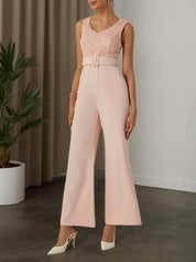 Women Pink Lace V Neck Sleeveless Ankle Length Dressy Jumpsuit