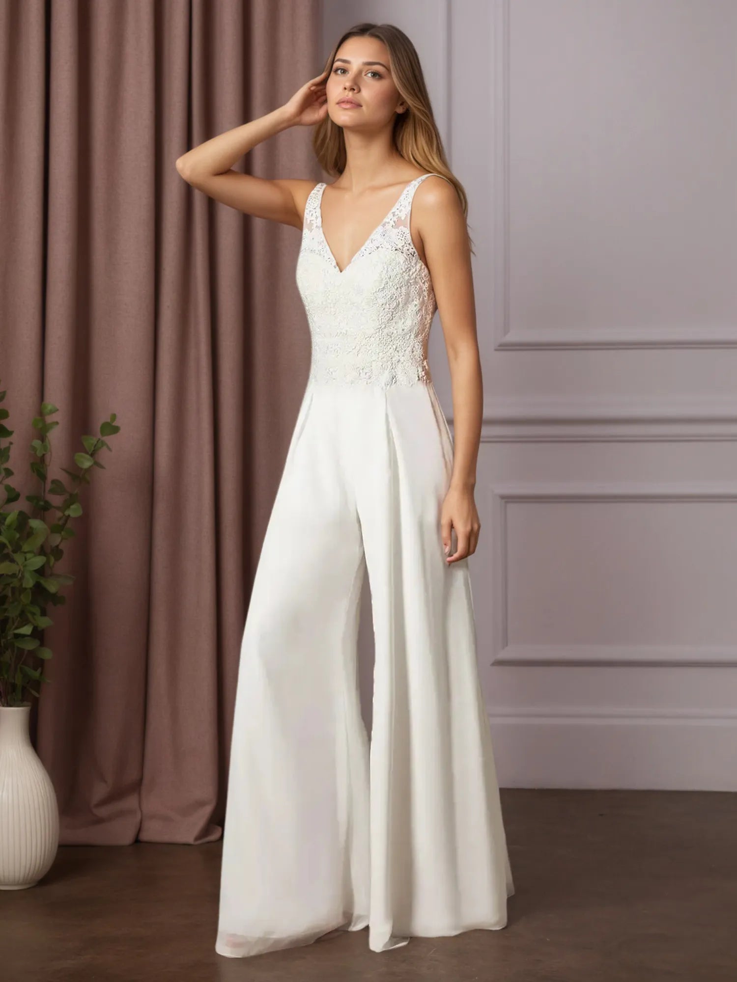 White Pant Styles V-Neck Lace Chiffon Wedding Dress