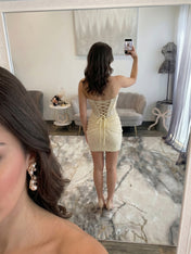 Light Blue Pearl-Embellished Ruched Corset Homecoming Dress