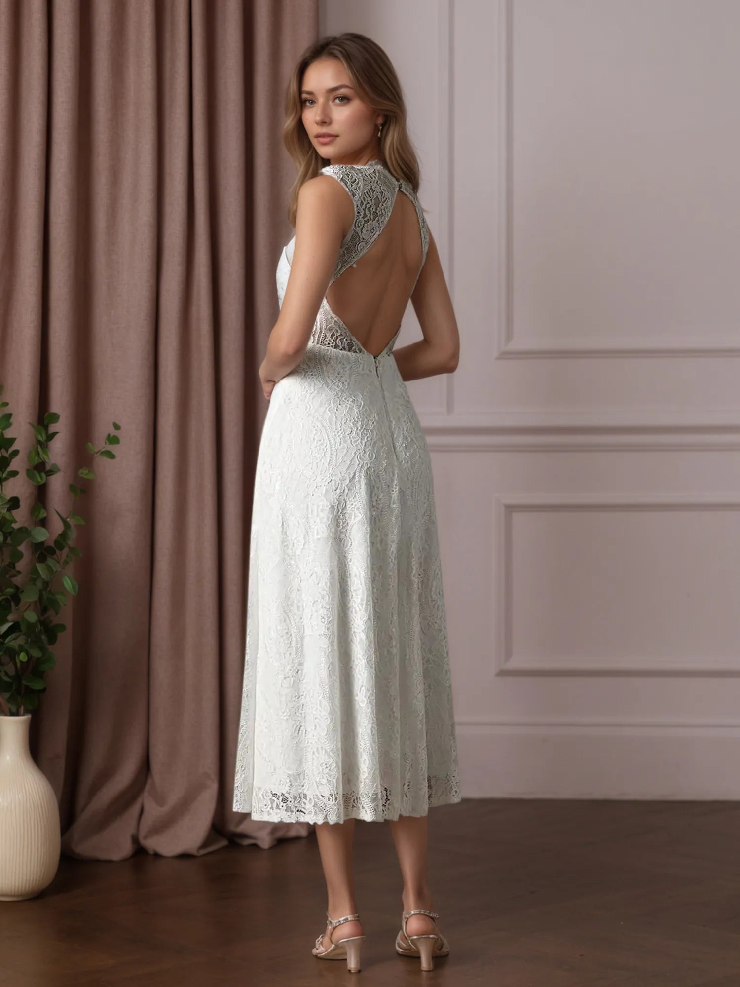 White A-Line Tea-Length Lace Wedding Dress