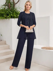 Jumpsuit/Pantsuit Separates Scoop Floor-Length Chiffon Lace Mother of the Bride Dress With Sequins