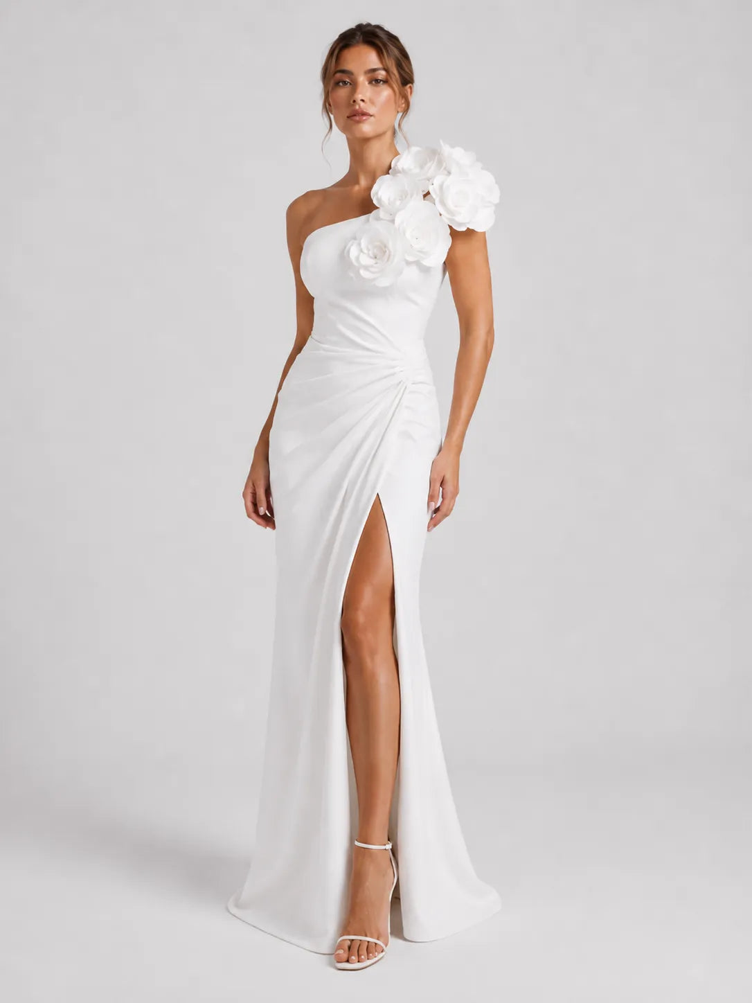 Elegant One-Shoulder Sheath Wedding Dress with 3D Floral Appliqués and High Slit