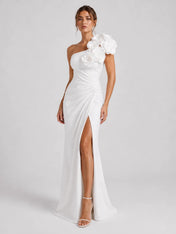 Elegant One-Shoulder Sheath Wedding Dress with 3D Floral Appliqués and High Slit