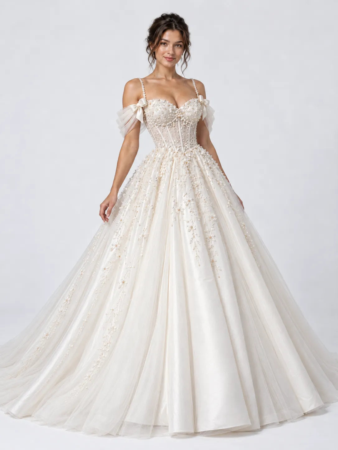 Pearl Beaded Spaghetti Strap Sweetheart Beaded Floral Ball Gown Wedding Dress