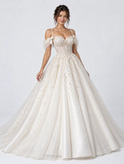Pearl Beaded Spaghetti Strap Sweetheart Beaded Floral Ball Gown Wedding Dress
