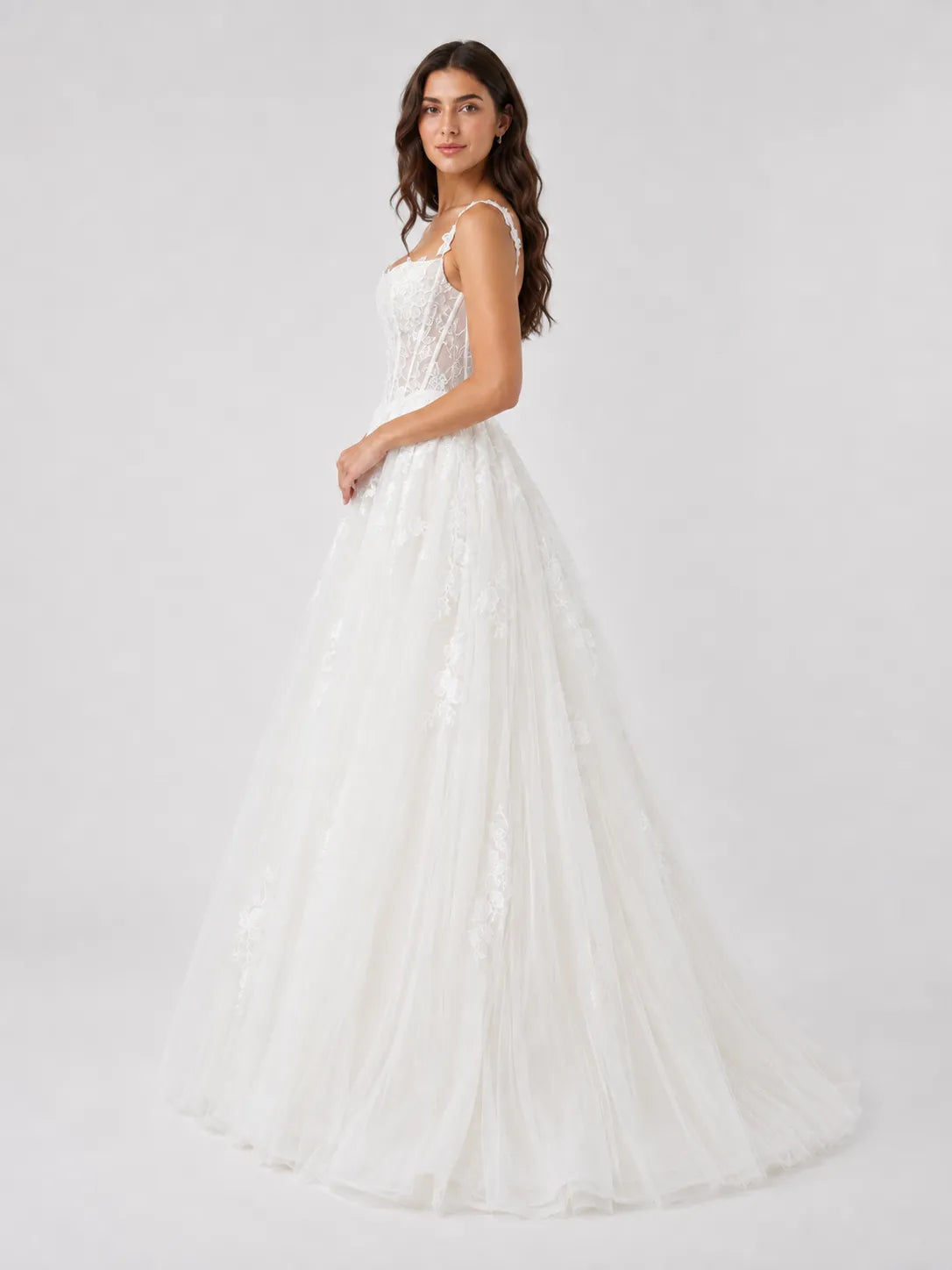 Romantic Square Neck Lace Corset Ball Gown Wedding Dress with Floral Appliqué Tulle Skirt