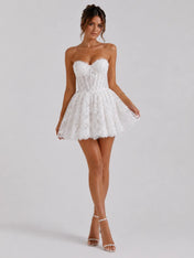 Elegant Strapless Lace Mini Wedding Dress with Sweetheart Neckline, Sheer Corset Waist and Lace-Up Back