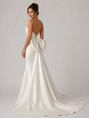 Elegant Strapless Satin Mermaid Wedding Dress with Beaded Neckline and Back Bow