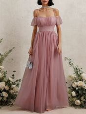 Pink Classic Off The Shoulder Short Sleeve A-Line Maxi Dress