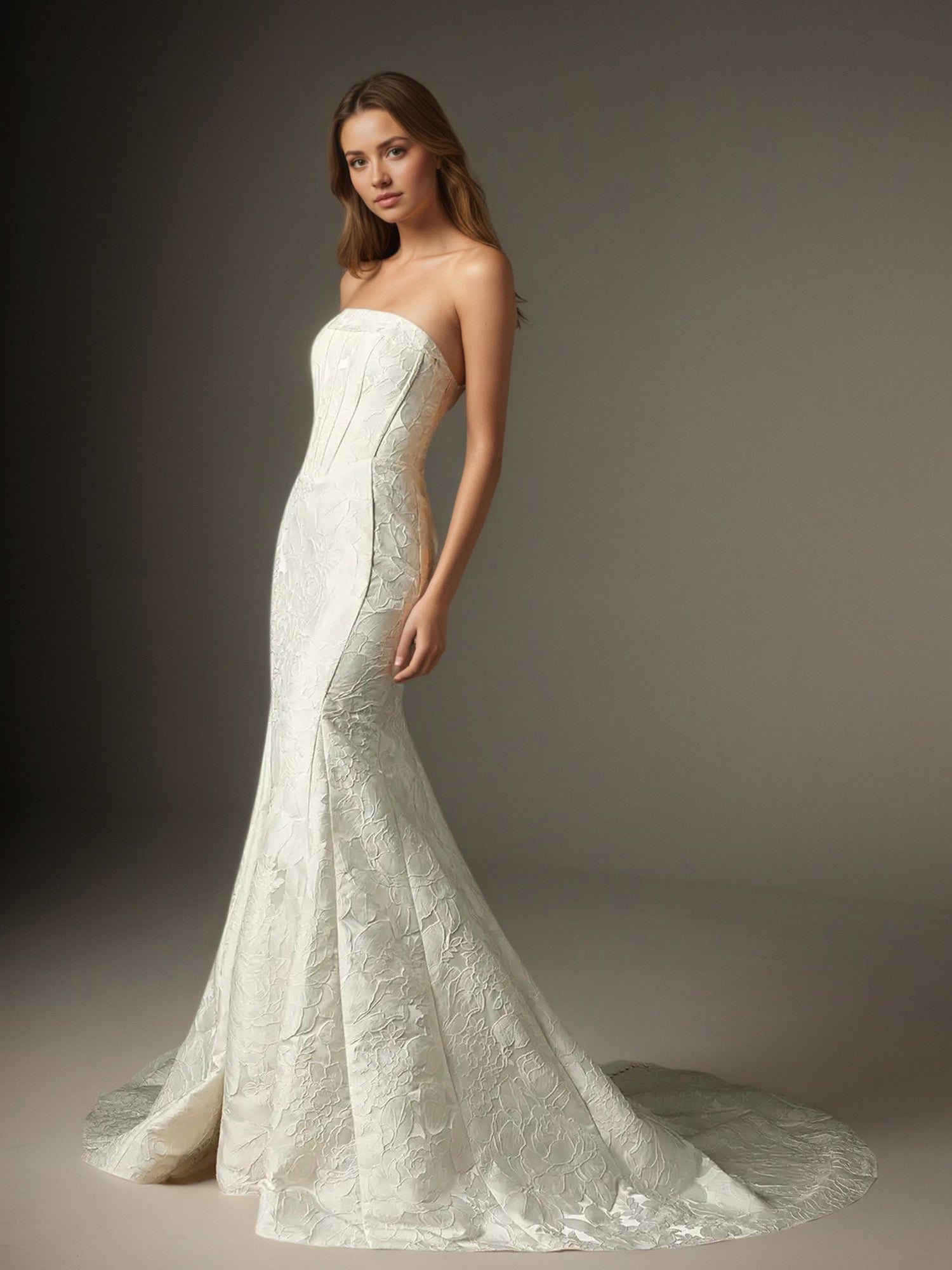 White Mermaid Strapless Floral Jacquard Wedding Dress