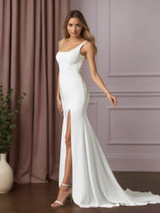 White Mermaid Scoop Sequins Crepe Back Satin Wedding Dress