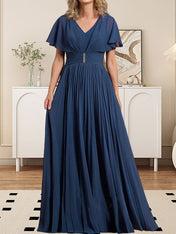 A-line V-Neck Floor-Length Chiffon Mother of the Bride Dress With Crystal Brooch Pleated