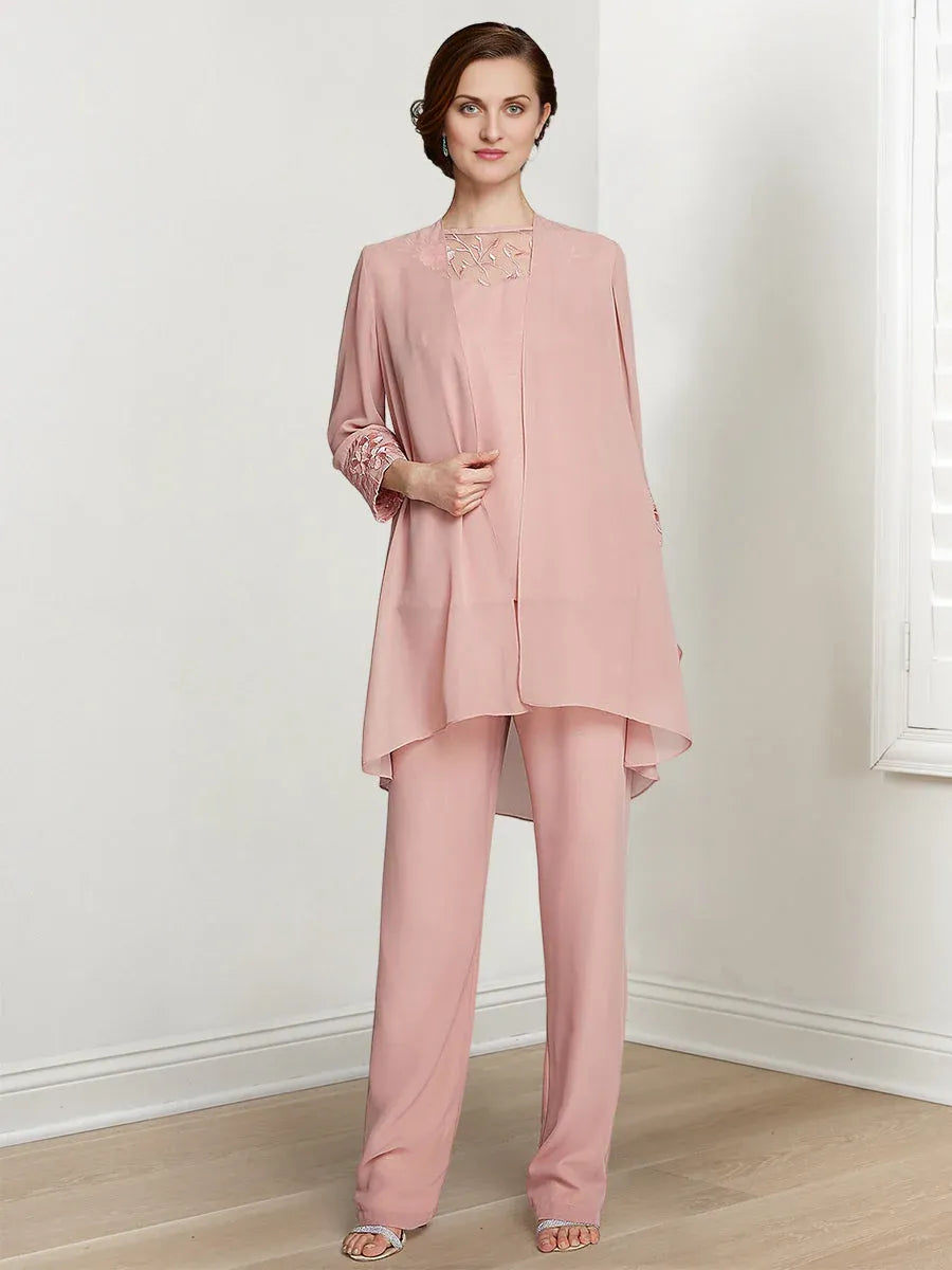Tailleur-pantalon en mousseline à manches longues pour mère de la mariée avec veste 