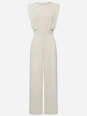Women Off White Crew Neck Sleeveless Dressy Jumpsuit