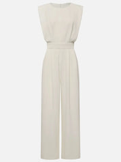 Women Off White Crew Neck Sleeveless Dressy Jumpsuit