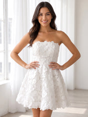 Elegant Strapless White Floral Lace Short Cocktail Wedding Dress