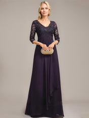 A-line V-Neck Floor-Length Lace Chiffon Mother of the Bride Dress With Cascading Ruffles Sequins