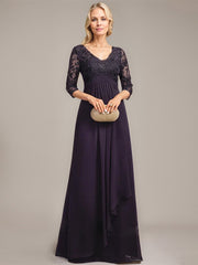 A-line V-Neck Floor-Length Lace Chiffon Mother of the Bride Dress With Cascading Ruffles Sequins