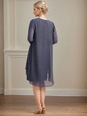 Sheath/Column Scoop Illusion Knee-Length Lace Chiffon Mother of the Bride Dress With Cascading Ruffles Sequins