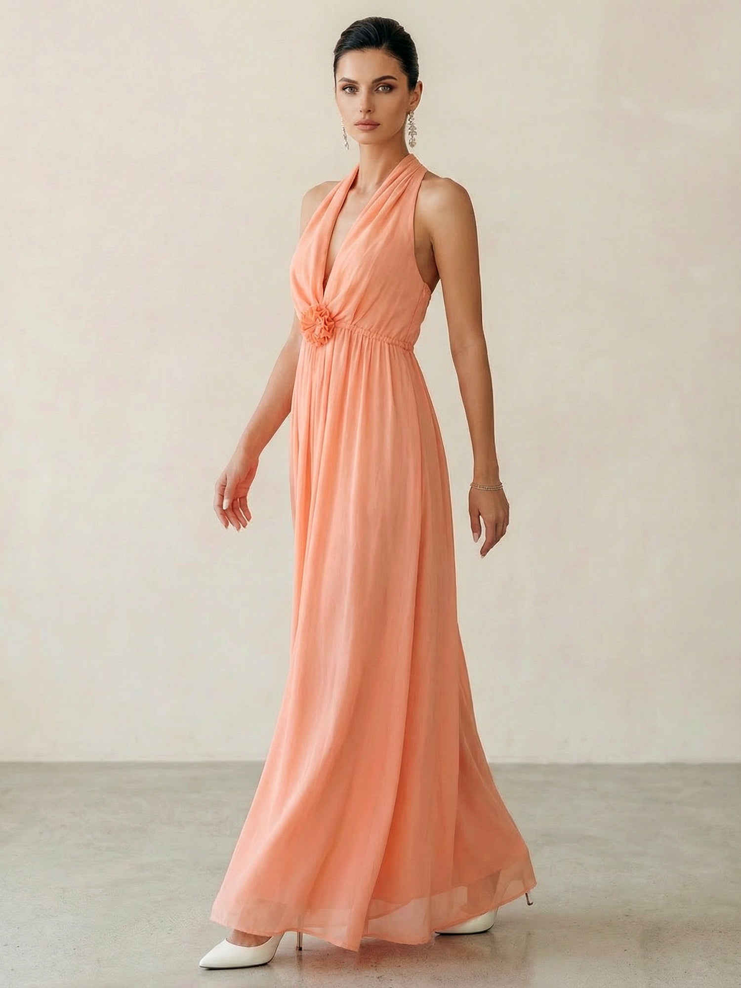 3D Floral Halter Neck Deep-V Chiffon Maxi Dress