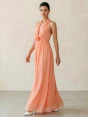 3D Floral Halter Neck Deep-V Chiffon Maxi Dress