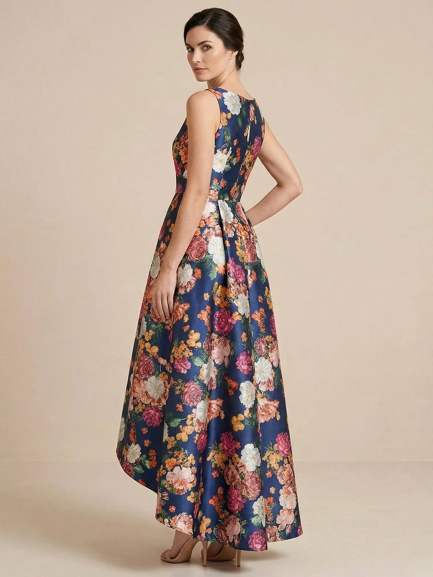 High Low Print Flower Satin A Line Mother of the Bride Dresses
