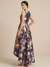 High Low Print Flower Satin A Line Mother of the Bride Dresses