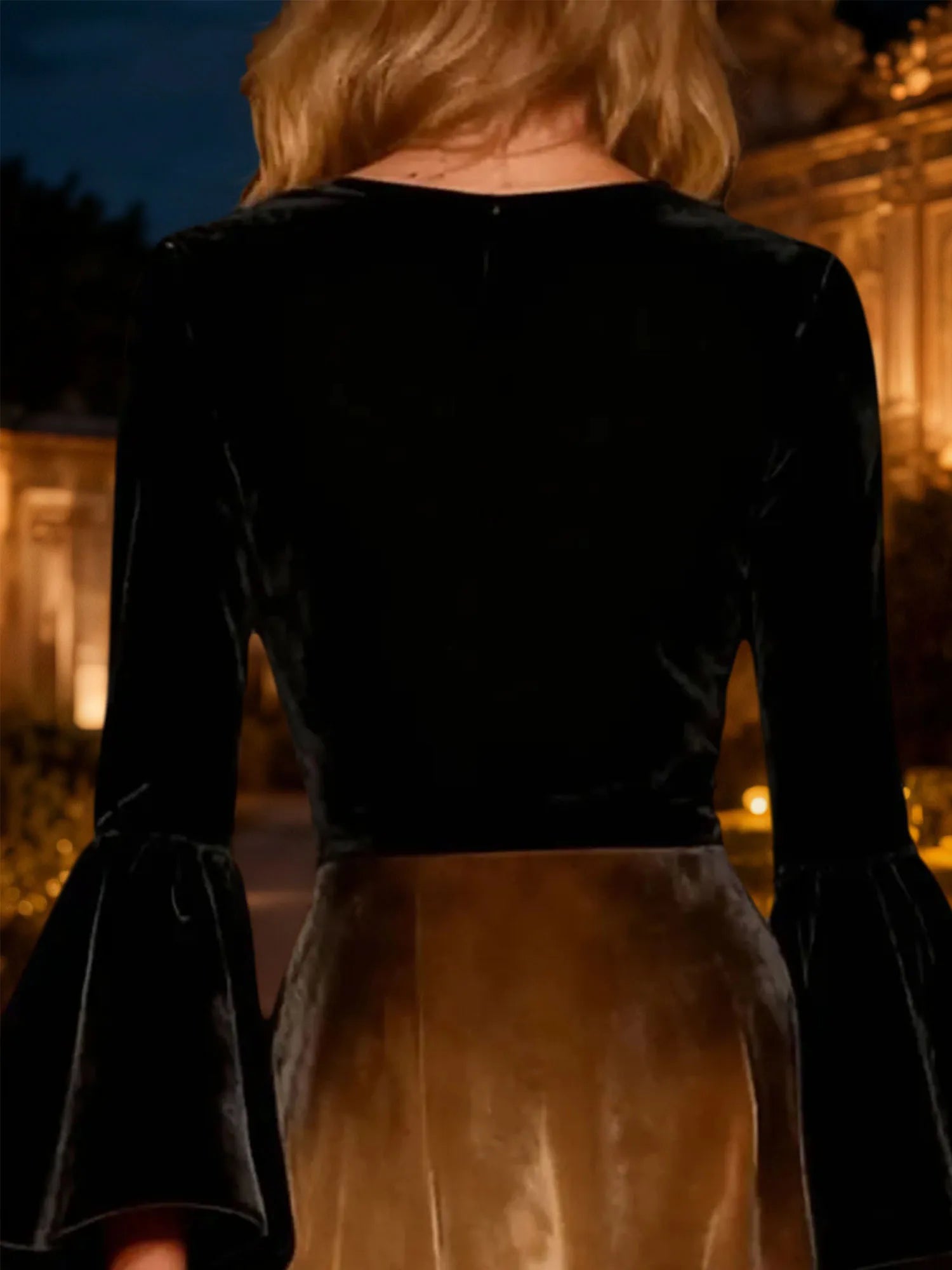 Black Flare Sleeves A-Line Long Velvet Holiday Party Dress