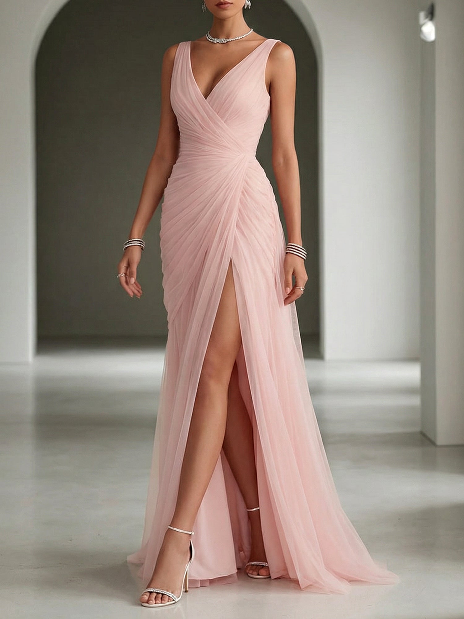 Pink Ruched Slit Tulle V Neck One Shoulder Sheath Gown Dress