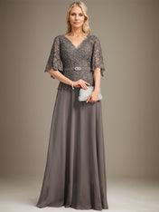 A-line V-Neck Floor-Length Chiffon Lace Mother of the Bride Dress With Crystal Brooch Rhinestone