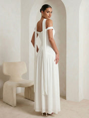 White Off the Shoulder Satin A Line Maxi Dress with Scarf